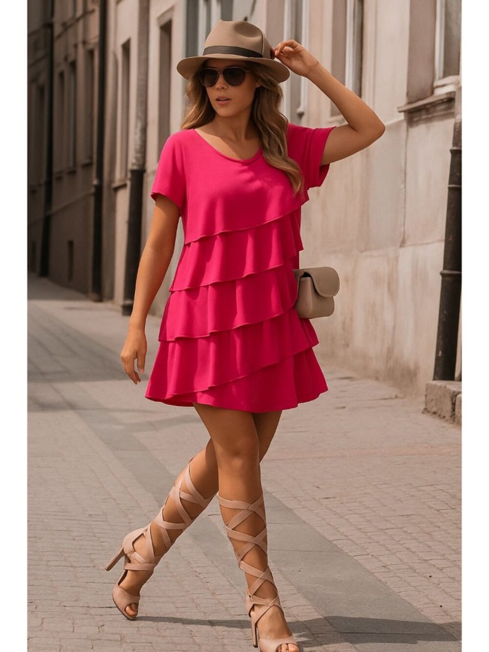 J Lee Large Hot Pink Ruffle Layered Blouse Stretch Knit City Chic Party Top Glam
